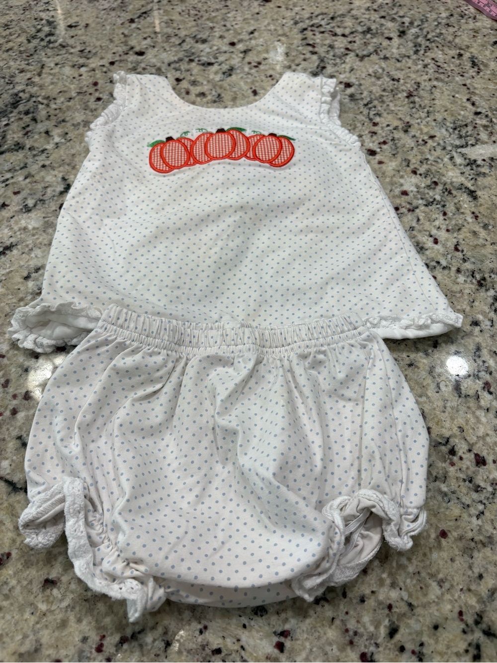 Southern Charm Smocks white & blue polka dot with orange gingham bow 12 m set